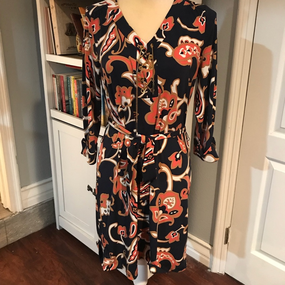 Charter Club Navy and orange floral jersey dress